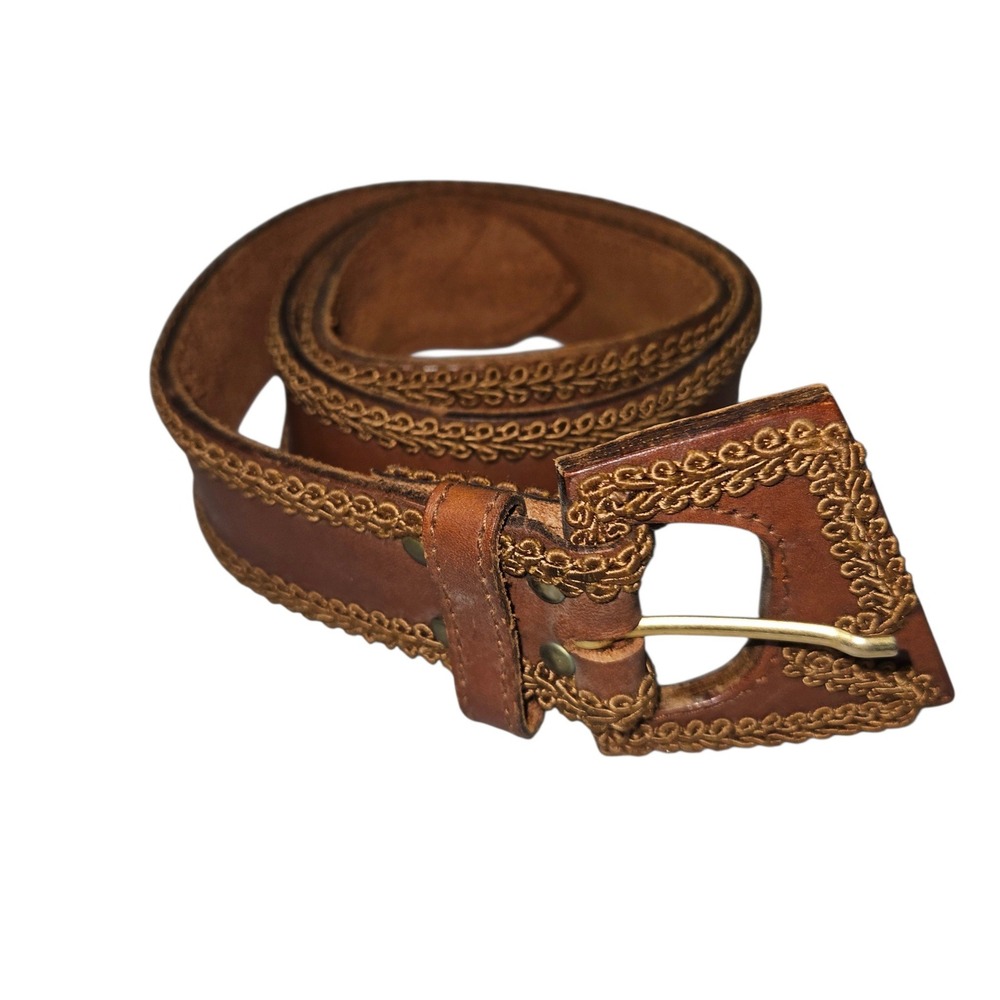 VTG Solstice Made in Italy Embroidered Leather Belt Brown Soutache Sz 33